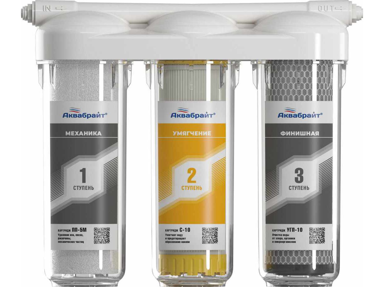 Изображение товара Фильтр под мойку АКВАБРАЙТ АБФ-ТРИА-УМЯГЧЕНИЕ трехступенчатый для холодной воды SLIMLINE 10d в Миди Лтд