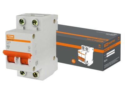 Автоматический выключатель ВА47-63 2Р 25А 4,5кА х-ка С TDM - фото в Миди Лтд Изображение товара Автоматический выключатель ВА47-63 2Р 25А 4,5кА х-ка С TDM в Миди Лтд