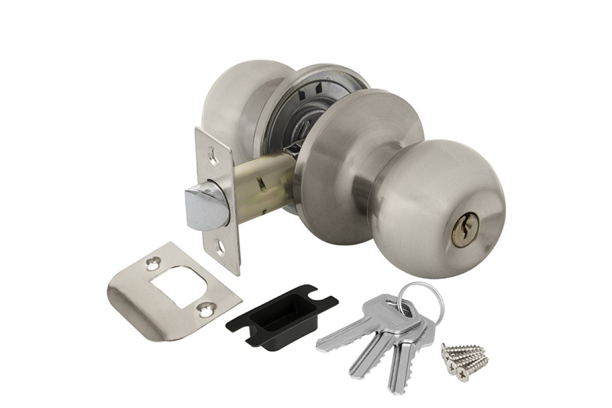 Замок шар Никель матовый с ключом,фиксатором 6082 SN-E - фото в Миди Лтд Изображение товара Замок шар Никель матовый с ключом,фиксатором 6082 SN-E в Миди Лтд