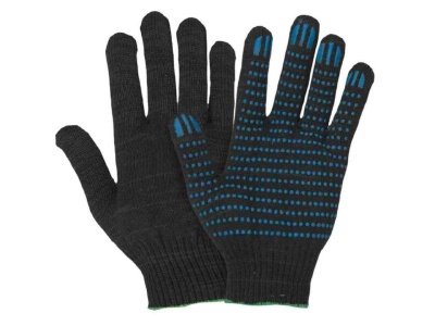 Перчатки х/б 5 нитей 10,5 кл. ПВХ Точка Черные (10шт/уп)(300шт/меш) - фото в Миди Лтд Изображение товара Перчатки х/б 5 нитей 10,5 кл. ПВХ Точка Черные (10шт/уп)(300шт/меш) в Миди Лтд