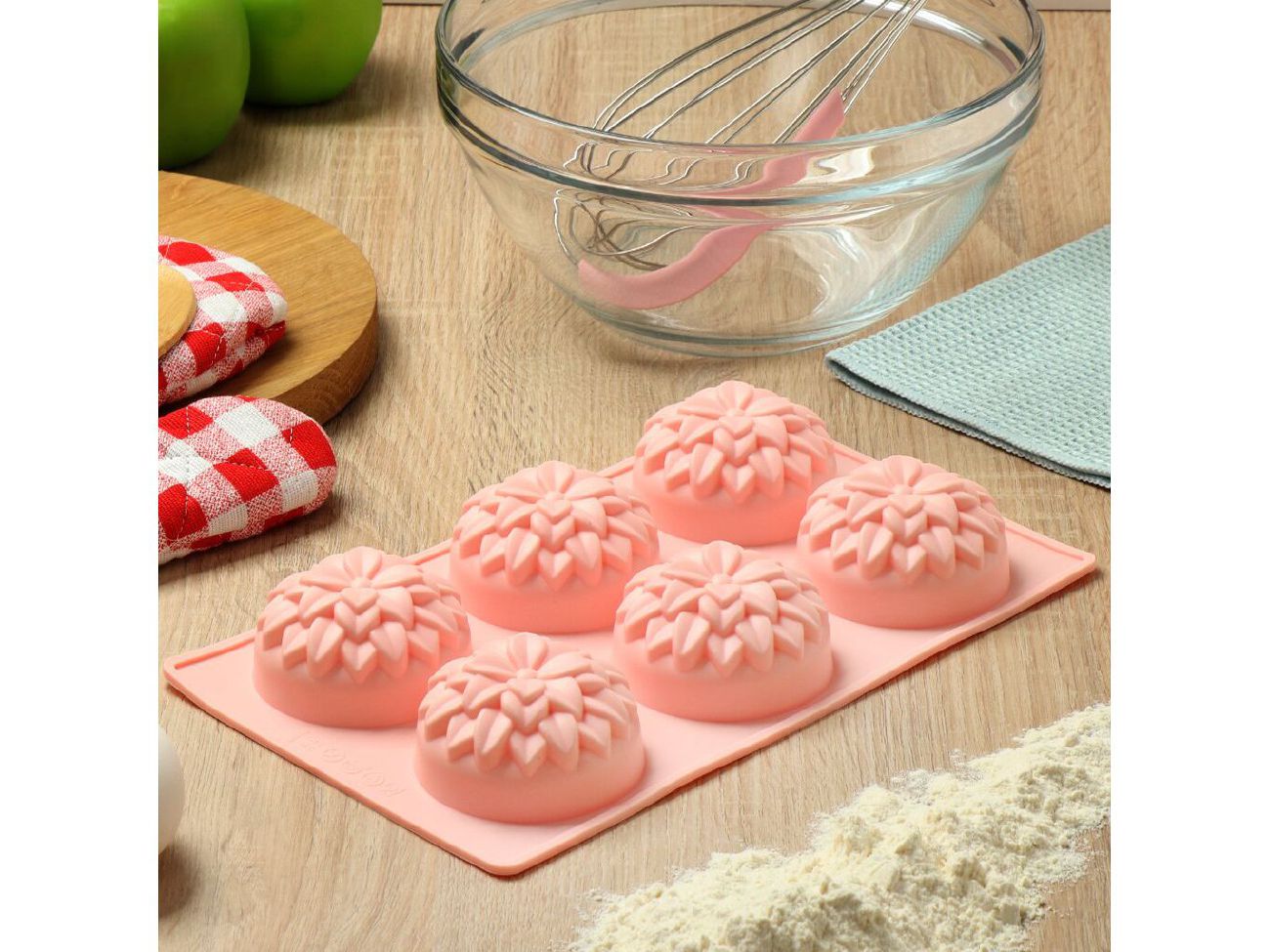 Изображение товара Форма для запекания силикон прямоугольная 6 кексов розовая 29,5*17,5см Daniks Хризантемы Savory  в Миди Лтд