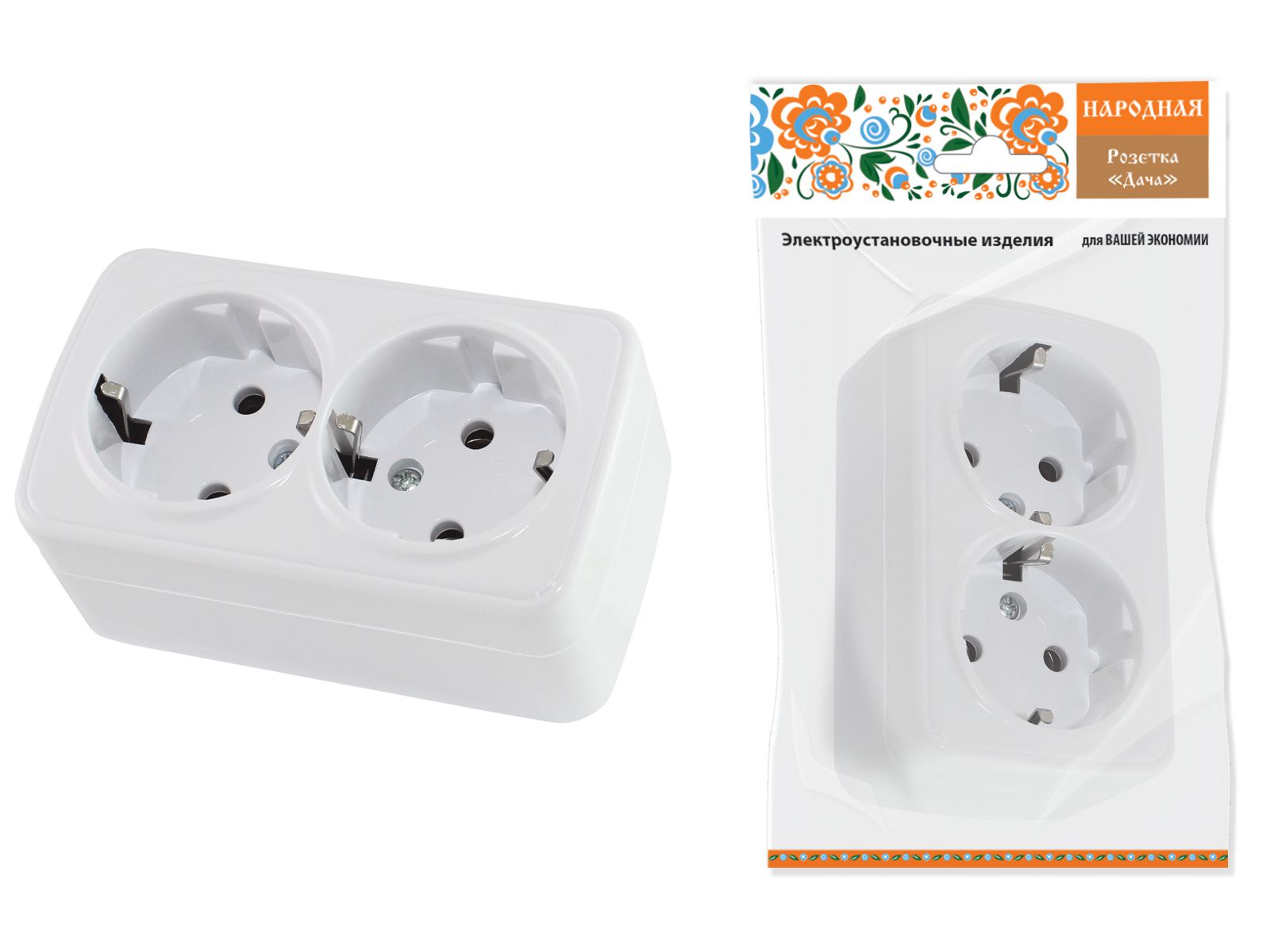 Изображение товара Розетка 2-я с/з 2P белая Дача Народная открытой установки 16А IP20 TDM в Миди Лтд