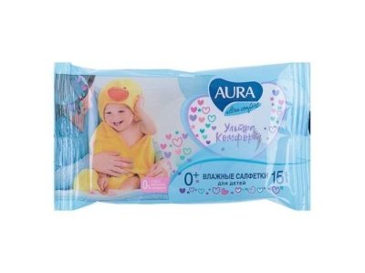 Салфетки влажные для детей AURA ULTRA COMFORT 15шт - фото в Миди Лтд Изображение товара Салфетки влажные для детей AURA ULTRA COMFORT 15шт в Миди Лтд