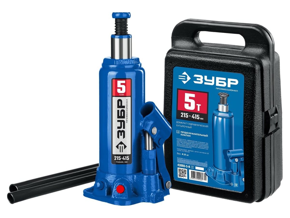 Изображение товара Домкрат гидравлический бутылочный 5т высота подъема 215-415мм в кейсе ЗУБР (4шт/кор) Х в Миди Лтд