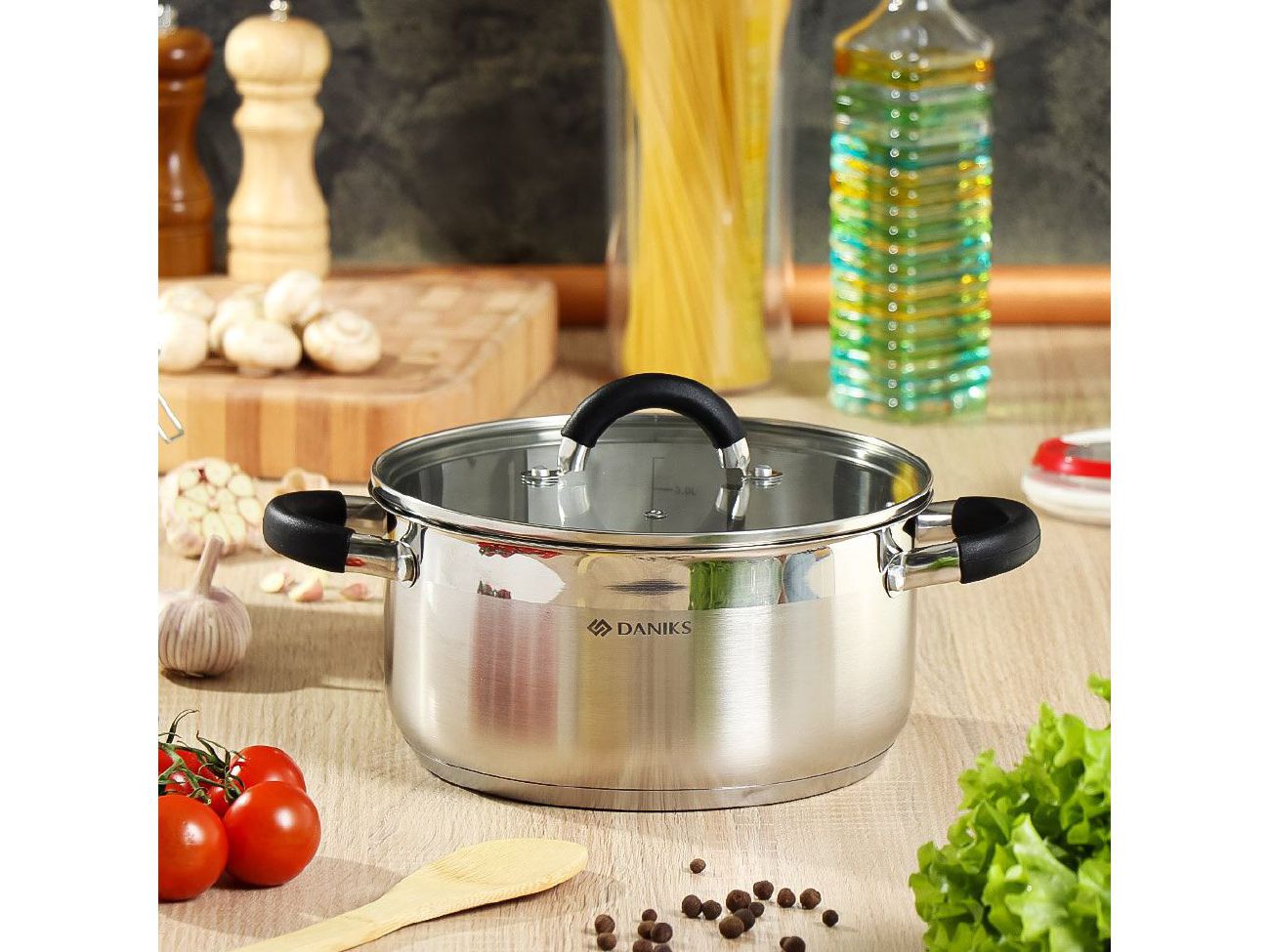 Кастрюля нерж сталь Daniks 4,1л. крышка стекло индукция Турин (6шт/уп) - фото в Миди Лтд Изображение товара Кастрюля нерж сталь Daniks 4,1л. крышка стекло индукция Турин (6шт/уп) в Миди Лтд