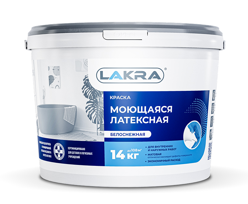 Изображение товара Краска интерьерная ЛАКРА латексная моющаяся белоснежная 14кг (44шт/пал) в Миди Лтд