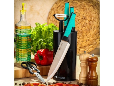 Набор ножей кухонных нерж сталь 7 предметов (нож 4шт, ножницы, овощечистка) с подставкой Daniks Х - фото в Миди Лтд Изображение товара Набор ножей кухонных нерж сталь 7 предметов (нож 4шт, ножницы, овощечистка) с подставкой Daniks Х в Миди Лтд