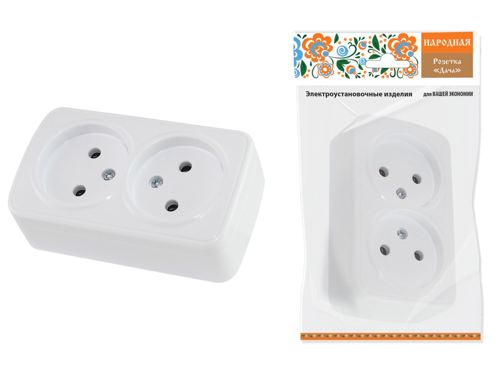 Розетка 2-я 2P белая Дача Народная открытой установки 10А IP20 TDM - фото в Миди Лтд Изображение товара Розетка 2-я 2P белая Дача Народная открытой установки 10А IP20 TDM в Миди Лтд