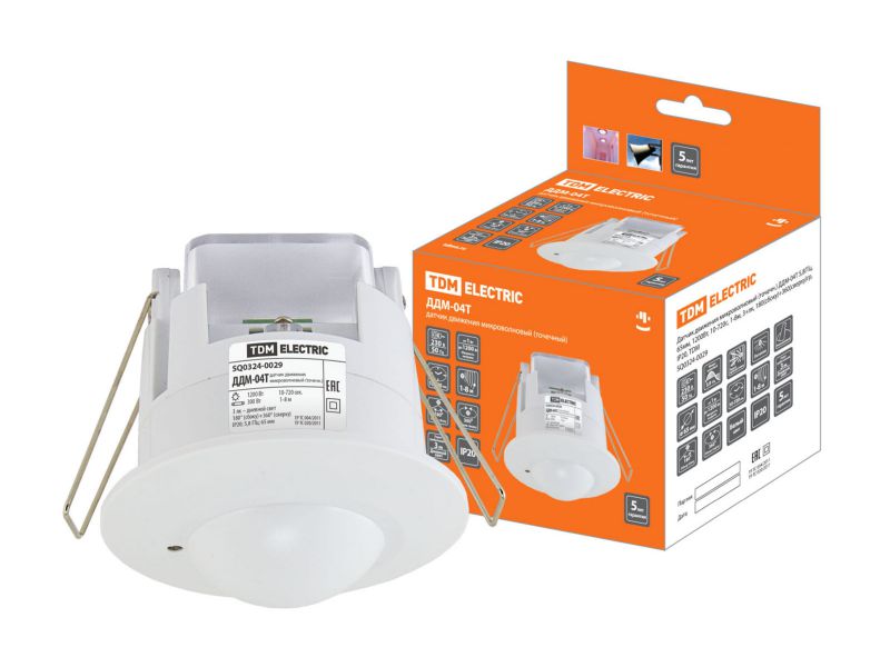 Датчик движения микроволновый точечн. ДДМ-04Т 65мм 1200Bт 10-720с 1-8м 3+Лк IP20 TDM - фото в Миди Лтд Изображение товара Датчик движения микроволновый точечн. ДДМ-04Т 65мм 1200Bт 10-720с 1-8м 3+Лк IP20 TDM в Миди Лтд