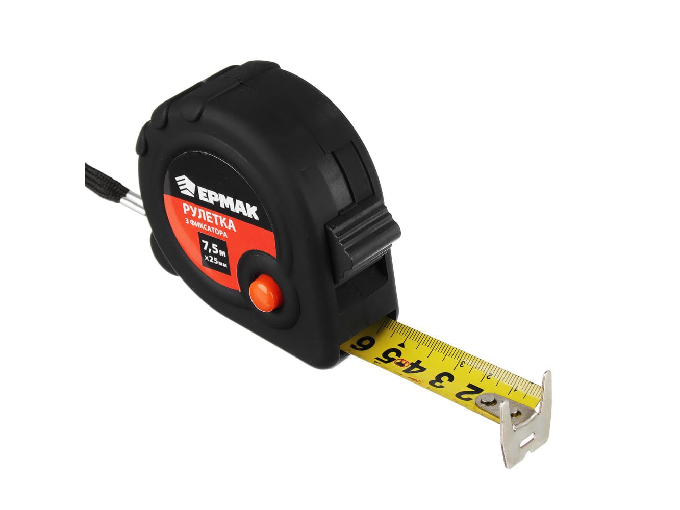 Рулетка  7,5м*25мм ЕРМАК Черная 3 фиксатора (6шт/уп)(60шт/кор) - фото в Миди Лтд Изображение товара Рулетка  7,5м*25мм ЕРМАК Черная 3 фиксатора (6шт/уп)(60шт/кор) в Миди Лтд