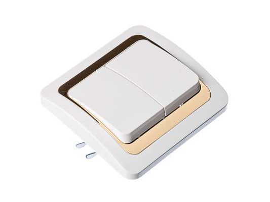 Выключатель 2кл. БЕЛЫЙ с золот. вставкой  ХХ - фото в Миди Лтд Изображение товара Выключатель 2кл. БЕЛЫЙ с золот. вставкой  ХХ в Миди Лтд