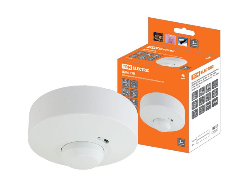 Датчик движения микроволновый потол. ДДМ-03П 1200Bт 10-720с 1-8м 3+Лк IP33 TDM - фото в Миди Лтд Изображение товара Датчик движения микроволновый потол. ДДМ-03П 1200Bт 10-720с 1-8м 3+Лк IP33 TDM в Миди Лтд