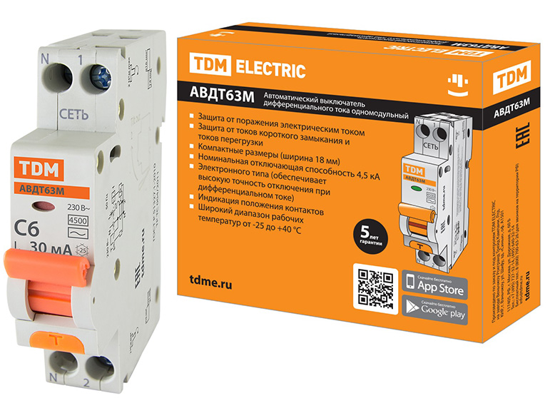 Изображение товара Диф.автомат C20 АВДТ 63 М 2Р(1Р+N) 30мА 4,5кА тип АС TDM в Миди Лтд