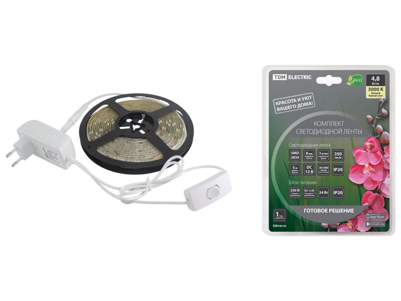 Лента светодиодная комплект SMD2835 60LED/м 12B 4,8Вт/м IP20 3000К 5м 24Вт TDM - фото в Миди Лтд Изображение товара Лента светодиодная комплект SMD2835 60LED/м 12B 4,8Вт/м IP20 3000К 5м 24Вт TDM в Миди Лтд