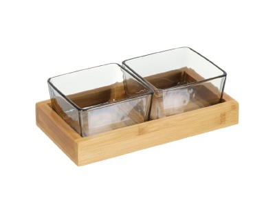 Изображение товара Салатник стекло квадратный 2шт 19,5*10,5см Daniks бамбуковая подставка (24шт/уп) в Миди Лтд