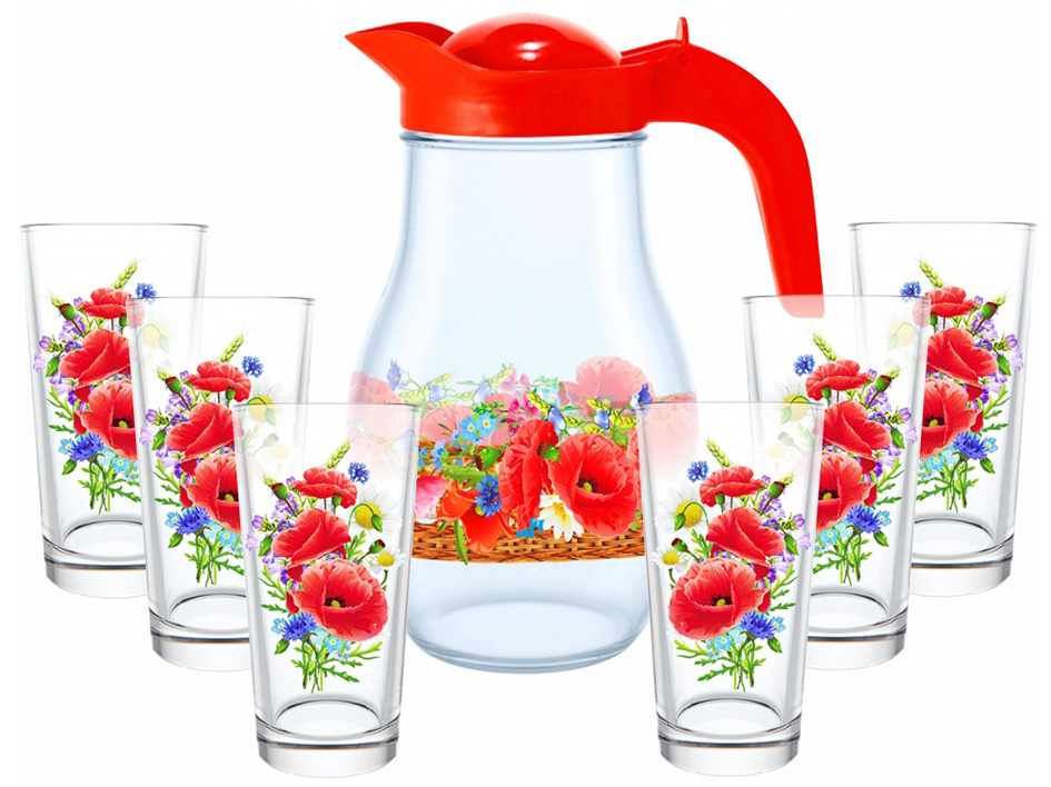 Набор для воды Маковое поле 7пр (кувшин +стакан 6шт) (3шт/уп) - фото в Миди Лтд Изображение товара Набор для воды Маковое поле 7пр (кувшин +стакан 6шт) (3шт/уп) в Миди Лтд
