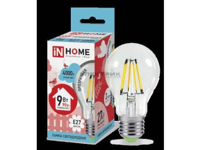 Изображение товара Лампа светодиодная IN HOME прозрачная колба LED 9W Е27 4000К 810Лм в Миди Лтд