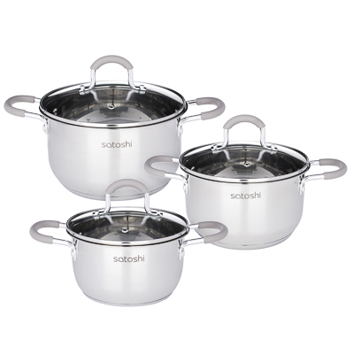 Изображение товара Набор кастрюль 6 предметов (кастрюля 1,7л 2,5л 3,4л, крышка стекло 3шт)ручки бежевые силиконовые  в Миди Лтд