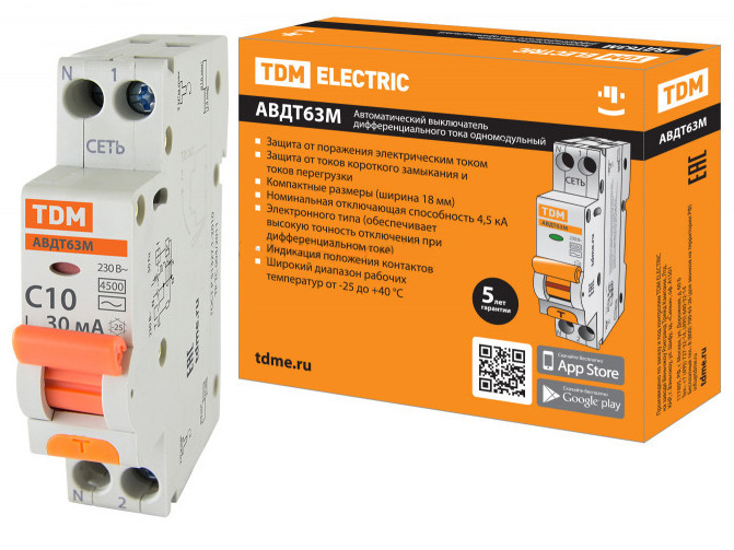 Изображение товара Диф.автомат С 10 АВДТ 63М 2Р(1Р+N) 30мА 4,5кА тип АС TDM в Миди Лтд