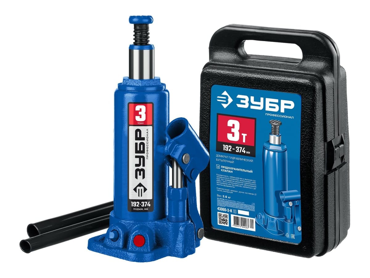 Изображение товара Домкрат гидравлический бутылочный 3т высота подъема 192-374мм в кейсе ЗУБР (6шт/кор) в Миди Лтд