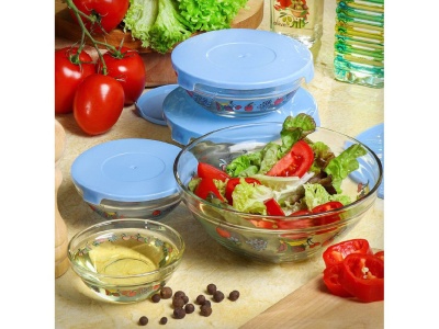 Набор салатников стекло Daniks 5шт (150мл, 200мл, 350мл, 500мл, 900мл) с синими крышками (12шт/уп) - фото в Миди Лтд Изображение товара Набор салатников стекло Daniks 5шт (150мл, 200мл, 350мл, 500мл, 900мл) с синими крышками (12шт/уп) в Миди Лтд