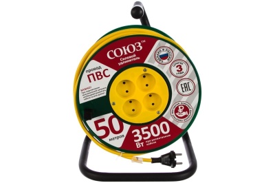 Удлинитель силовой на катушке 50м 4 гнезда 3500Вт сечение провода 2*1,5 Союз - фото в Миди Лтд Изображение товара Удлинитель силовой на катушке 50м 4 гнезда 3500Вт сечение провода 2*1,5 Союз в Миди Лтд