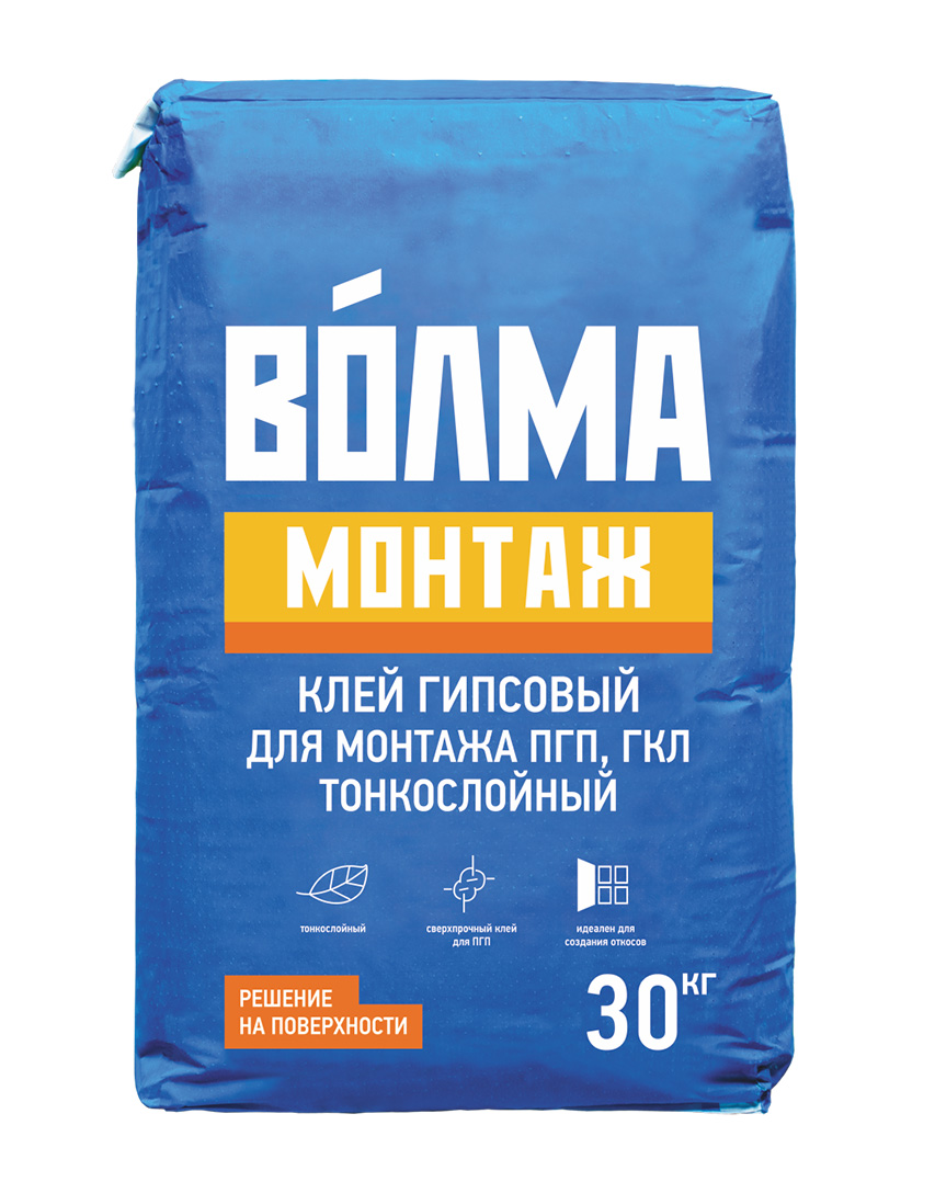 Клей гипсовый ВОЛМА-Монтаж 30кг (45шт/пал) - фото в Миди Лтд Изображение товара Клей гипсовый ВОЛМА-Монтаж 30кг (45шт/пал) в Миди Лтд