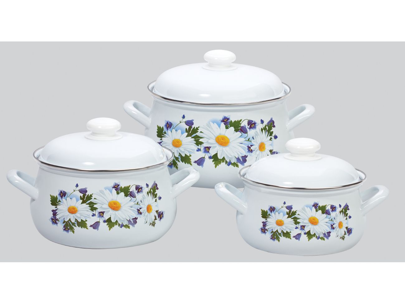 Изображение товара Набор кастрюль эмаль белая Ромашковое поле (2,0л, 3,0л, 4,5л) С-129АП2/4 грушевидные в Миди Лтд