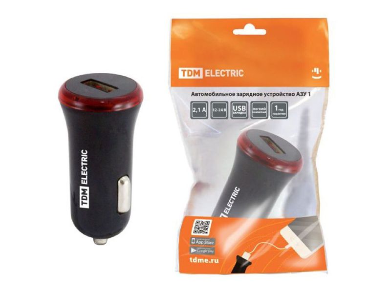 Изображение товара Зарядное устройство автомобильное АЗУ 1 2,1А 1USB черный TDM в Миди Лтд