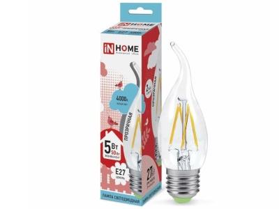 Изображение товара Лампа светодиодная IN HOME прозрачная колба LED-СВЕЧА НА ВЕТРУ 5W Е27 4000К 450Лм в Миди Лтд