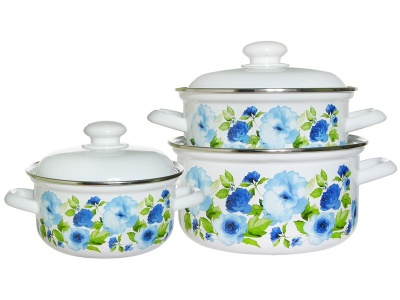 Изображение товара Набор кастрюль эмаль белая Синий лен (1,5л, 2,0л, 3,0л) С-124АП2/4 в Миди Лтд