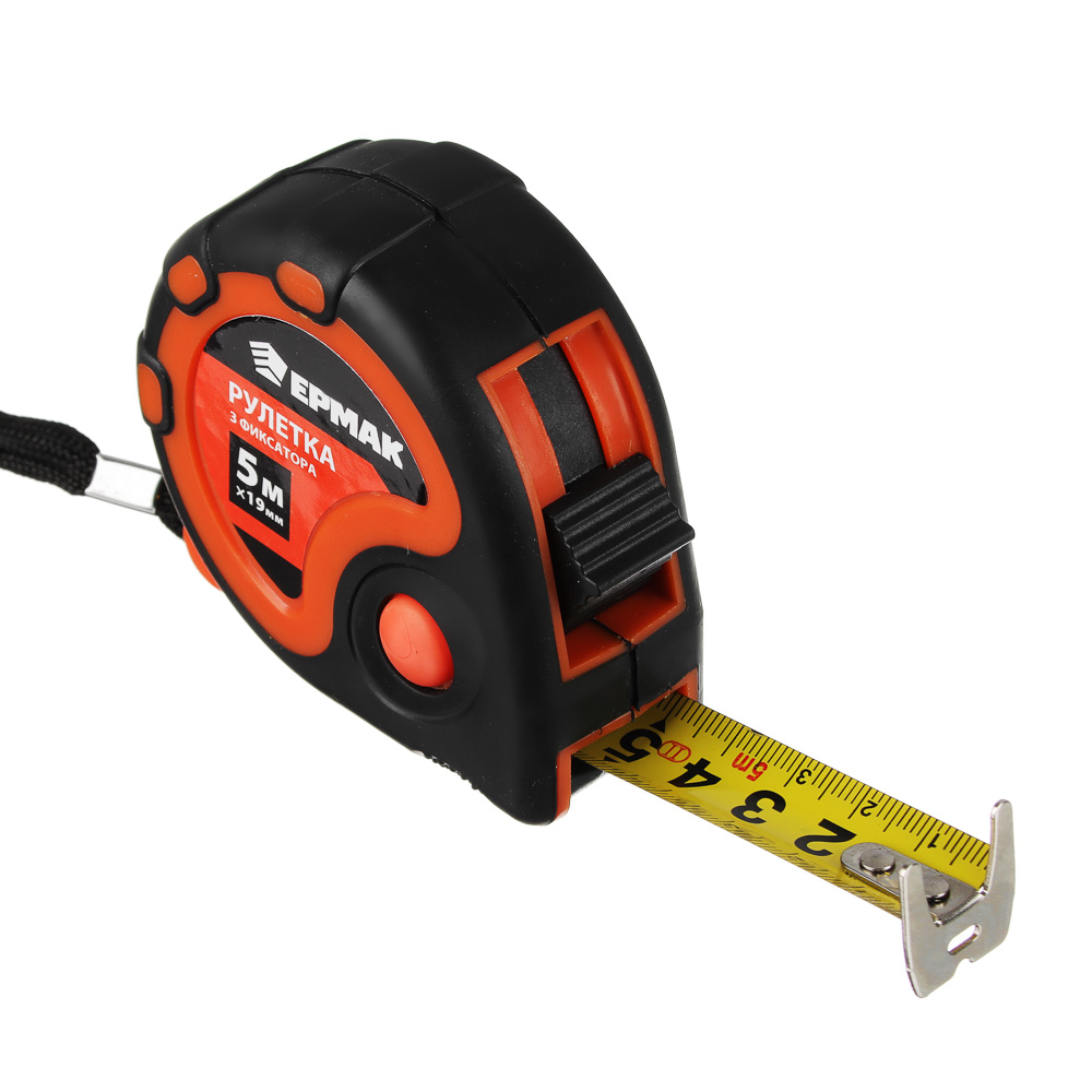 Рулетка  5м*19мм ЕРМАК 3 фиксатора, двукомпонентный корпус (12шт/уп)(120шт/кор) - фото в Миди Лтд Изображение товара Рулетка  5м*19мм ЕРМАК 3 фиксатора, двукомпонентный корпус (12шт/уп)(120шт/кор) в Миди Лтд