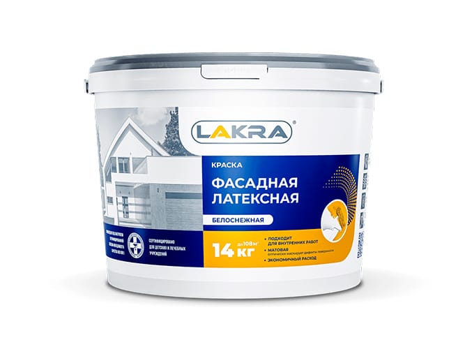 Изображение товара Краска фасадная ЛАКРА латексная белоснежная 14кг (44шт/пал) в Миди Лтд