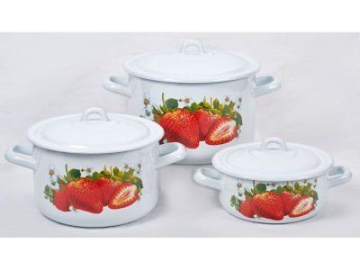 Набор кастрюль эмаль белая Сочная клубника (1,45л, 2,9л, 4,3л) С-001/4Э - фото в Миди Лтд Изображение товара Набор кастрюль эмаль белая Сочная клубника (1,45л, 2,9л, 4,3л) С-001/4Э в Миди Лтд