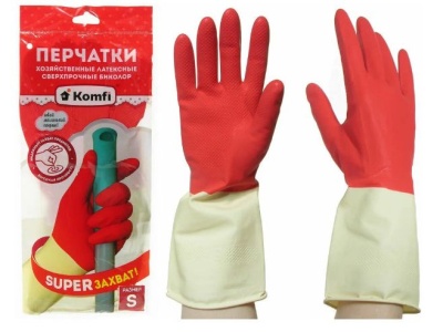 Изображение товара Перчатки латексные хозяйственные размер S БИКОЛОР СВЕРХПРОЧНЫЕ белый+красный в Миди Лтд