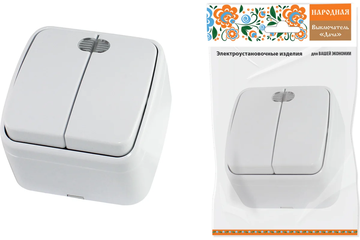 Выключатель 2-кл с подсветкой белый Дача Народная открытой установки 10А IP20 TDM - фото в Миди Лтд Изображение товара Выключатель 2-кл с подсветкой белый Дача Народная открытой установки 10А IP20 TDM в Миди Лтд