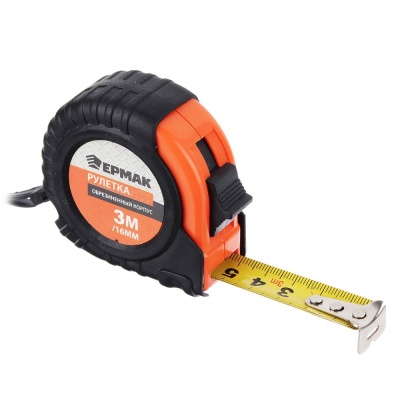 Рулетка  3м*16мм ЕРМАК с обрезиненным корпусом 0,194кг (120шт/кор) - фото в Миди Лтд Изображение товара Рулетка  3м*16мм ЕРМАК с обрезиненным корпусом 0,194кг (120шт/кор) в Миди Лтд