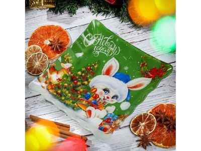 Изображение товара Тарелка десертная стекло квадратная рифленая 20*20см Daniks Кролик с елкой (6шт/уп) в Миди Лтд