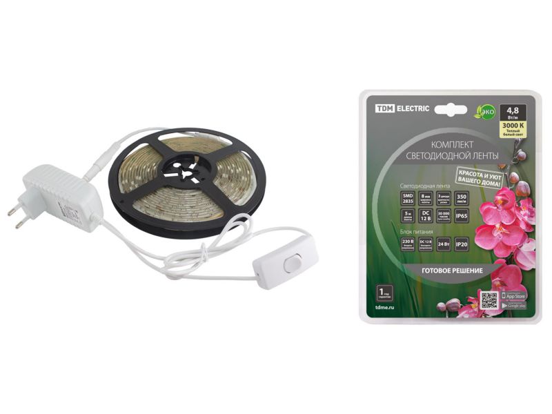 Лента светодиодная комплект SMD2835 60LED/м 12B 4,8Вт/м IP65 3000К 5м 24Вт TDM - фото в Миди Лтд Изображение товара Лента светодиодная комплект SMD2835 60LED/м 12B 4,8Вт/м IP65 3000К 5м 24Вт TDM в Миди Лтд