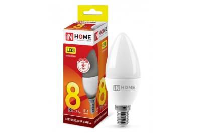 Изображение товара Лампа светодиодная IN HOME LED-СВЕЧА-VC 8Вт 230В Е14 3000К 750Лм в Миди Лтд