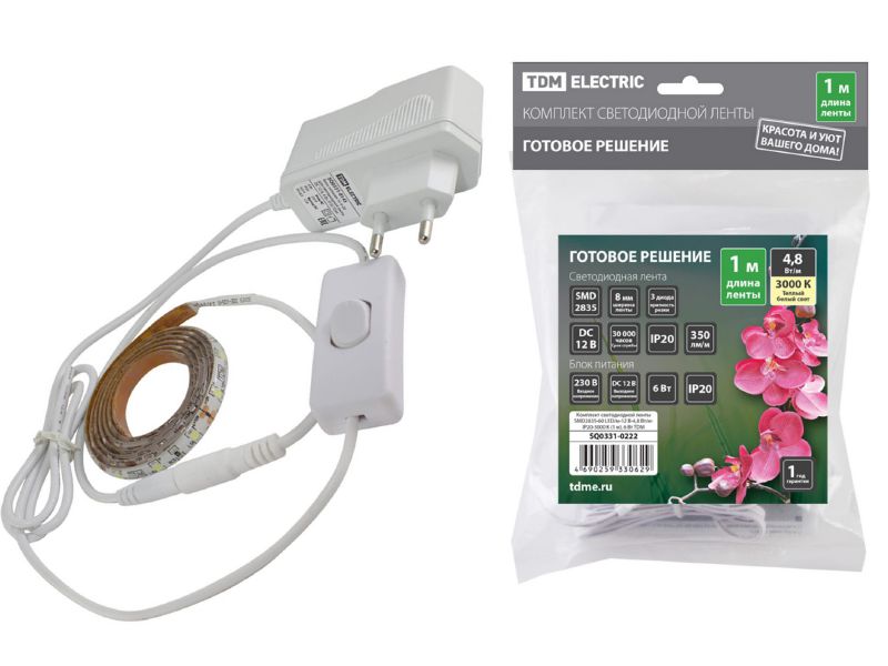 Лента светодиодная комплект SMD2835 60LED/м 12B 4,8Вт/м IP20 3000К 1м 6Вт TDM - фото в Миди Лтд Изображение товара Лента светодиодная комплект SMD2835 60LED/м 12B 4,8Вт/м IP20 3000К 1м 6Вт TDM в Миди Лтд