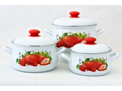 Изображение товара Набор кастрюль эмаль белая Сочная клубника (2,0л, 3,0л, 4,5л) С-129АП2/4 в Миди Лтд
