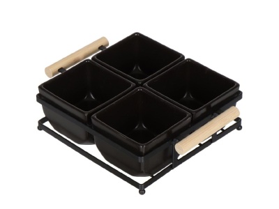 Изображение товара Набор для сервировки фарфор 5пр черный (менажница 4 секции, метал подставка) Daniks (16шт/уп) в Миди Лтд