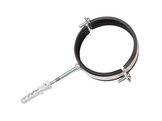 Хомут оцинкованный с резиновым уплотнением  4" (108-116) (шпилька М8*80 и дюбель) (100шт/уп) - фото в Миди Лтд Изображение товара Хомут оцинкованный с резиновым уплотнением  4" (108-116) (шпилька М8*80 и дюбель) (100шт/уп) в Миди Лтд