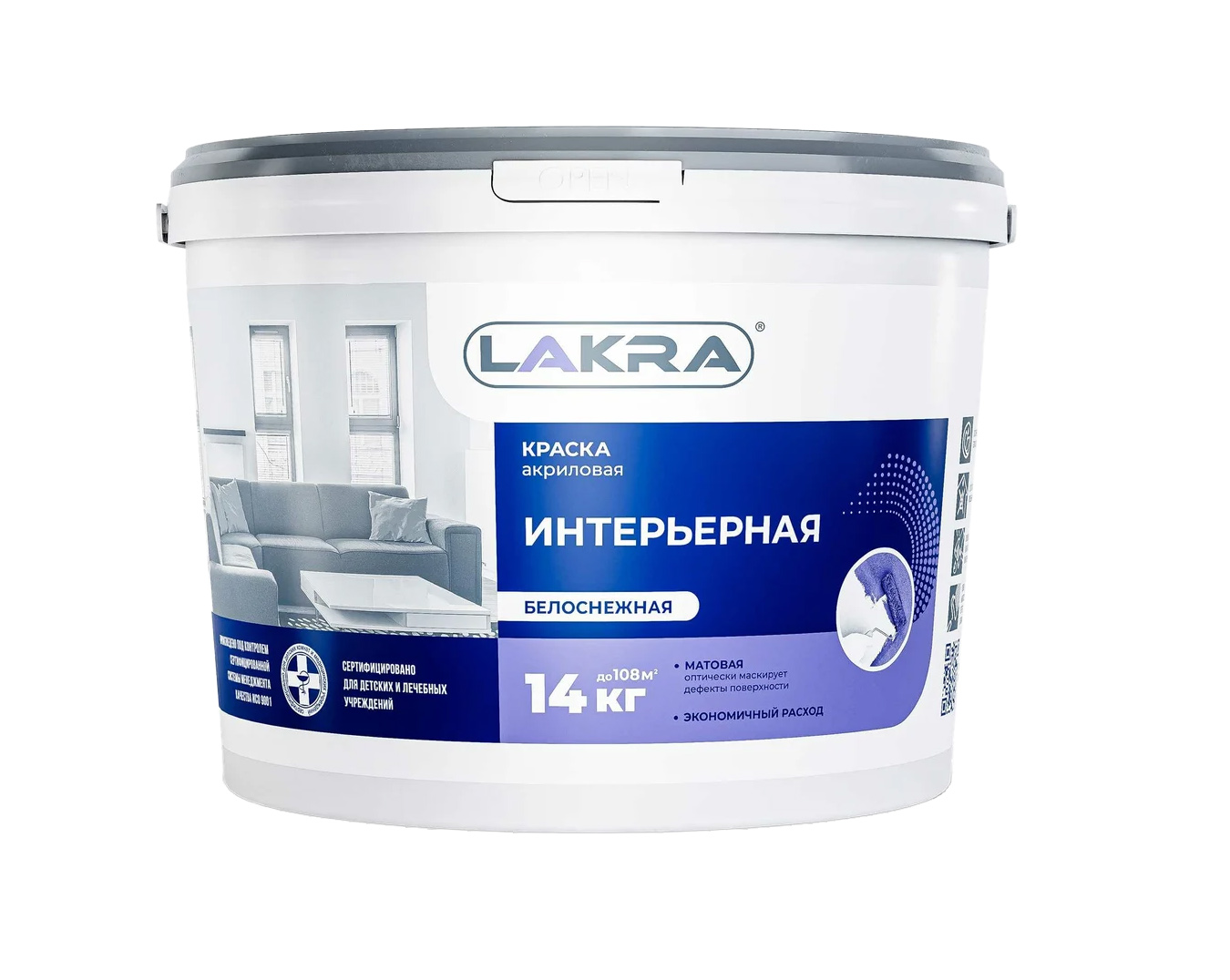 Изображение товара Краска интерьерная ЛАКРА акриловая белоснежная 14кг (44шт/пал) в Миди Лтд