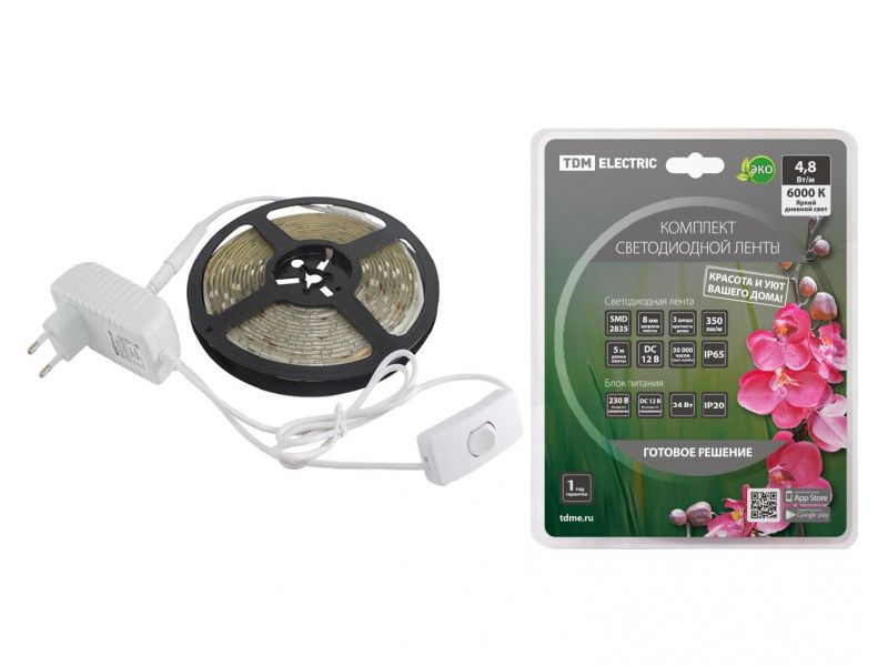 Лента светодиодная комплект SMD2835 60LED/м 12B 4,8Вт/м IP20 6000К 5м 24Вт TDM - фото в Миди Лтд Изображение товара Лента светодиодная комплект SMD2835 60LED/м 12B 4,8Вт/м IP20 6000К 5м 24Вт TDM в Миди Лтд