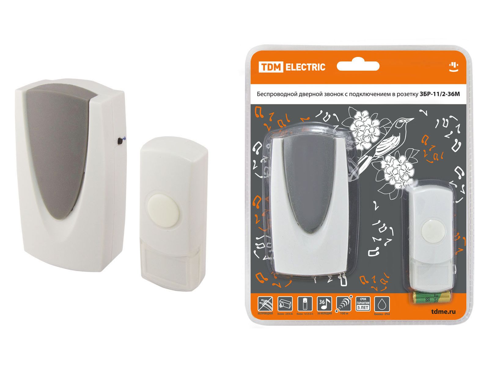 Изображение товара Звонок беспроводной в розетку 36 мелодий кнопка IP44 ЗБР-11/2-36М AC 230V TDM в Миди Лтд