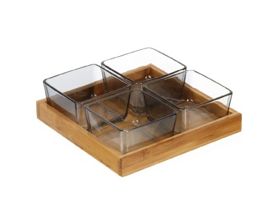 Изображение товара Салатник стекло квадратный 4шт 19,5*20,5см Daniks бамбуковая подставка (12шт/уп) в Миди Лтд