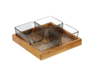 Изображение товара Салатник стекло квадратный 4шт 19,5*20,5см Daniks бамбуковая подставка (12шт/уп) в Миди Лтд