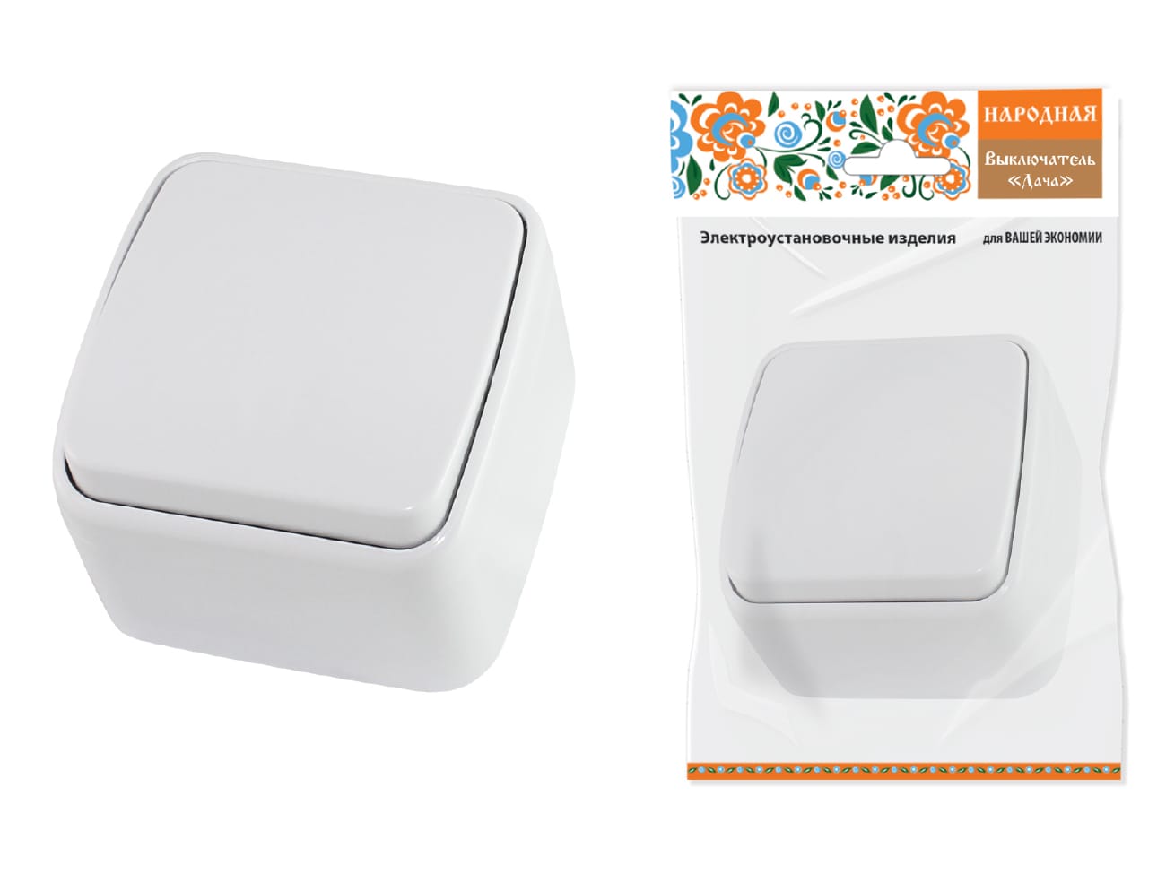 Выключатель 1-кл белый Дача Народная открытой установки 10А IP20 TDM - фото в Миди Лтд Изображение товара Выключатель 1-кл белый Дача Народная открытой установки 10А IP20 TDM в Миди Лтд